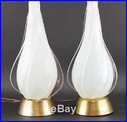 Pair Of Murano Opalescent Spiral Tear Drop Hand Blown Glass Table Lamps Vintage