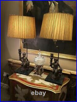 Pair Of Unusual Antique Vintage Bronze & Marble Effect Table Lamps