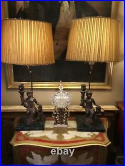 Pair Of Unusual Antique Vintage Bronze & Marble Effect Table Lamps