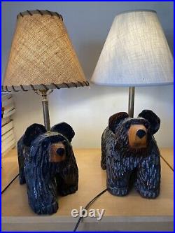 Pair Of Vintage Carved Wood Black Bear Lamps Signed Adirondack Cabin Decor
