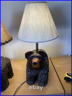 Pair Of Vintage Carved Wood Black Bear Lamps Signed Adirondack Cabin Decor