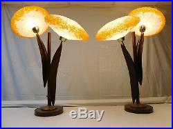 Pair Of Vintage Danish MCM Spaghetti Globe Lucite Wood Sunflower Table Lamps