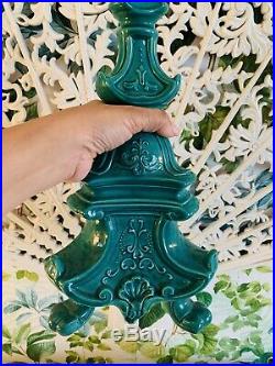 Pair Of Vintage Green Ceramic Pagoda Lamp Bases Hollywood Regency Chinoiserie
