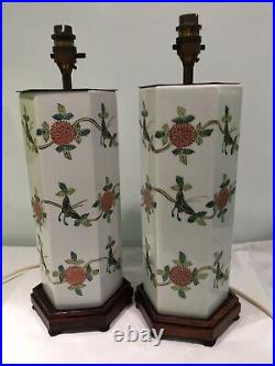 Pair Of Vintage Hexagonal Hand Decorated Oriental Chinoiserie Table Lamps