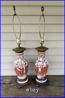 Pair Of Vintage Japanese Kutani Ware Style Table Lamps With Wood Bases Pair Of Vintage Japanese Kutani Ware Style Table Lamps With Wood Bases