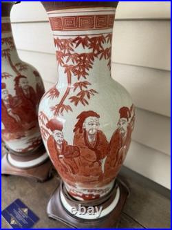 Pair Of Vintage Japanese Kutani Ware Style Table Lamps With Wood Bases