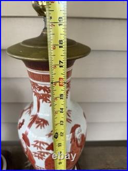 Pair Of Vintage Japanese Kutani Ware Style Table Lamps With Wood Bases