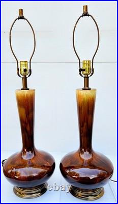 Pair Of Vintage Mid Century Modern Ceramic Amber Brown Drip Glaze Table Lamps