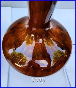 Pair Of Vintage Mid Century Modern Ceramic Amber Brown Drip Glaze Table Lamps