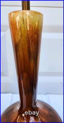 Pair Of Vintage Mid Century Modern Ceramic Amber Brown Drip Glaze Table Lamps