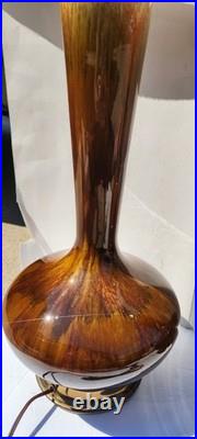 Pair Of Vintage Mid Century Modern Ceramic Amber Brown Drip Glaze Table Lamps