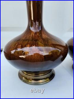 Pair Of Vintage Mid Century Modern Ceramic Amber Brown Drip Glaze Table Lamps