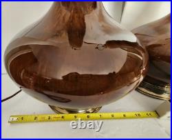 Pair Of Vintage Mid Century Modern Ceramic Amber Brown Drip Glaze Table Lamps