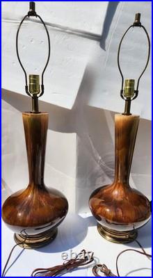 Pair Of Vintage Mid Century Modern Ceramic Amber Brown Drip Glaze Table Lamps