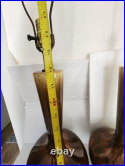 Pair Of Vintage Mid Century Modern Ceramic Amber Brown Drip Glaze Table Lamps