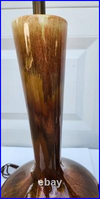 Pair Of Vintage Mid Century Modern Ceramic Amber Brown Drip Glaze Table Lamps