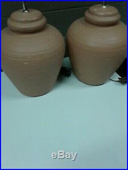 Pair S&M IND Vintage 1975 Red Clay Chalkware Table Lamps Jar Urn Vase Pottery So
