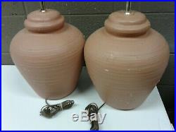 Pair S&M IND Vintage 1975 Red Clay Chalkware Table Lamps Jar Urn Vase Pottery So
