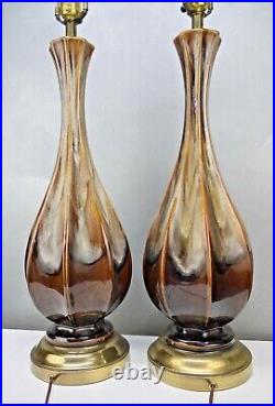 Pair VTG Mid Century Modern Fluted Teardrop Ceramic Lamps MOCHA Drip Glaze WoW