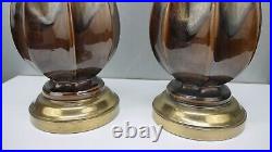 Pair VTG Mid Century Modern Fluted Teardrop Ceramic Lamps MOCHA Drip Glaze WoW