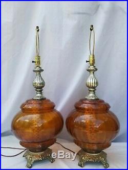 Pair Vintage Amber Glass Table Lamps Mid-Century with Night Light