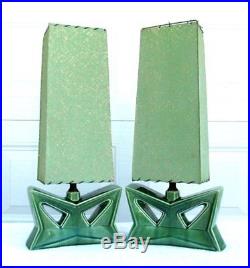Pair Vintage Art Deco 1950's Retro Green Porcelain Ceramic Lamp