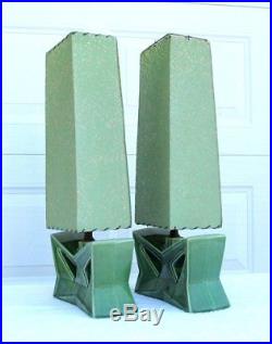 Pair Vintage Art Deco 1950's Retro Green Porcelain Ceramic Lamp