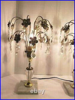 Pair Vintage Art Deco Crystal Waterfall Table Lamps, Hollywood Regency Boudoir