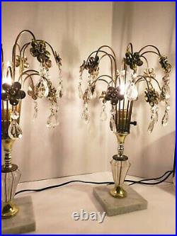 Pair Vintage Art Deco Crystal Waterfall Table Lamps, Hollywood Regency Boudoir