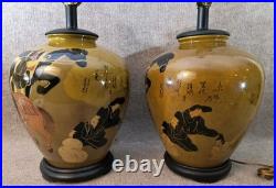 Pair Vintage Asian Figural Ceramic Table Lamps 28 Hand Painted Elegant VTG Nice