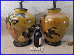 Pair Vintage Asian Figural Ceramic Table Lamps 28 Hand Painted Elegant VTG Nice