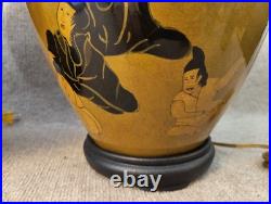 Pair Vintage Asian Figural Ceramic Table Lamps 28 Hand Painted Elegant VTG Nice