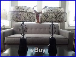 Pair Vintage Atomic Mid Century Modern 1950's Lamps w. Two Tier Fiberglass Shades