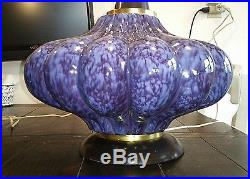 Pair Vintage Blue Drip Glaze Squash Shaped Ceramic Lamps MID Century