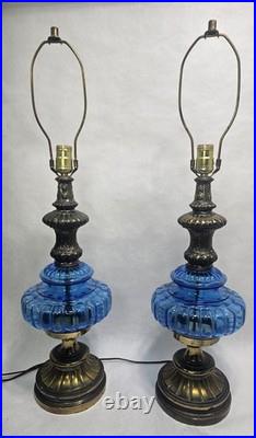 Pair Vintage Blue Murano MCM Hollywood Regency Glass & Cast Speltzer Table Lamps