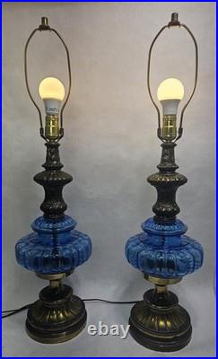 Pair Vintage Blue Murano MCM Hollywood Regency Glass & Cast Speltzer Table Lamps