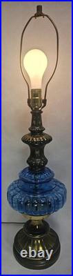 Pair Vintage Blue Murano MCM Hollywood Regency Glass & Cast Speltzer Table Lamps