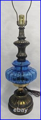 Pair Vintage Blue Murano MCM Hollywood Regency Glass & Cast Speltzer Table Lamps