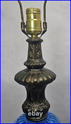 Pair Vintage Blue Murano MCM Hollywood Regency Glass & Cast Speltzer Table Lamps