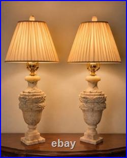 Pair Vintage Carved Alabaster Table Lamps 31 Neoclassical Pleated Shades