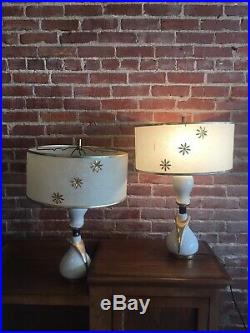 Pair Vintage Ceramic Ivory Gold Table Lamps Mid Century FIBERGLASS SHADES Flower