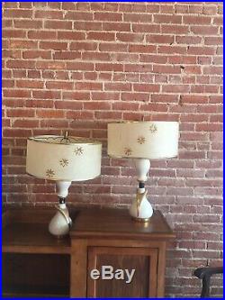 Pair Vintage Ceramic Ivory Gold Table Lamps Mid Century FIBERGLASS SHADES Flower