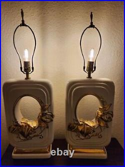 Pair Vintage Ceramic Lamps White 24K Gold Trim Free Shipping