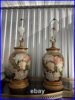 Pair Vintage Frederick Cooper High Relief Floral Ceramic Table Lamps 27 EUC