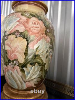 Pair Vintage Frederick Cooper High Relief Floral Ceramic Table Lamps 27 EUC