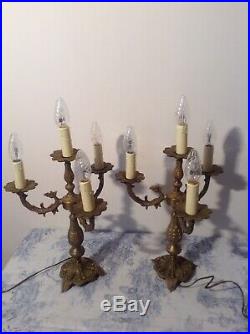 Pair Vintage French Bronze Candelabra Table Lamps / Lights