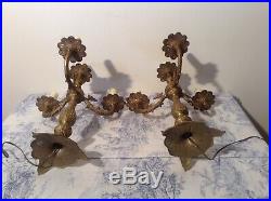 Pair Vintage French Bronze Candelabra Table Lamps / Lights