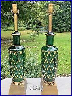 Pair Vintage Hollywood Regency Mid Century Green Gold Painted Glass Table Lamps