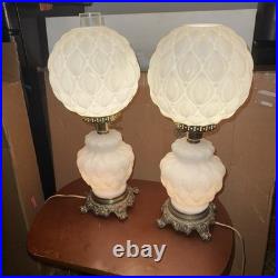 Pair Vintage L&L WMC Milk Glass Hurricane Lamps Lotus Pattern Dual Light