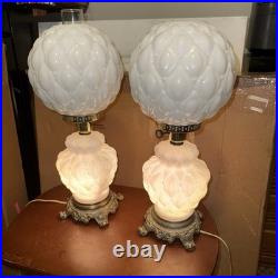 Pair Vintage L&L WMC Milk Glass Hurricane Lamps Lotus Pattern Dual Light